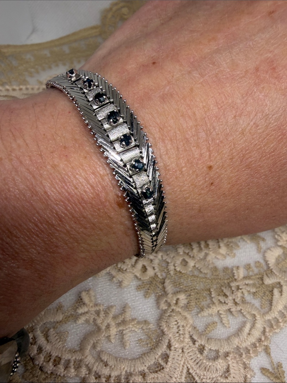 Vintage Estate 835 Silver Articulated Art Deco Era Chevron Black Stone Bracelet